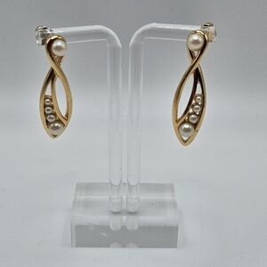 VINTAGE Richelieu Gold Tone Faux Pearl Long Post Earrings Signed